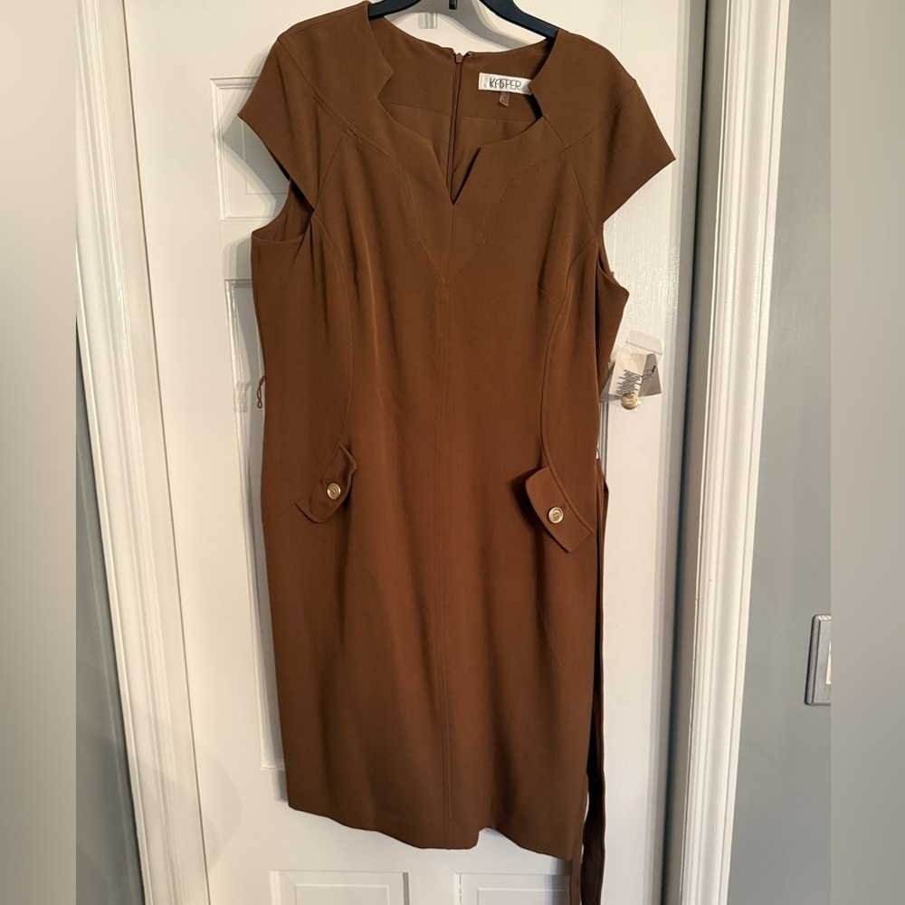 Kasper Brown Sheath Dress with Flutter Cap Sleeves